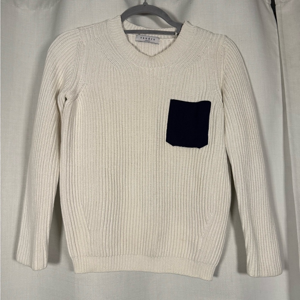 Sandro Sharlene Knit White and Navy Blue Pocket Sweater Size XS / Small - Picture 2 of 8